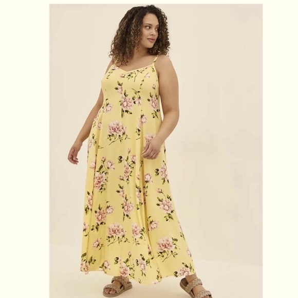 Torrid Yellow Pink Floral Challis Trapeze Maxi Dress - Picture 1 of 5